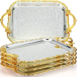 4 Pcs Silver Serving Tray with Handles Elegant Victoria Floral Engraved Metal Platters Large Decorative Trays for Buffet,Wedding Party, Jewelry Display, Service(Vintage,Slive and Gold)