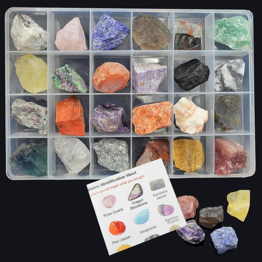 Rock & Mineral Collection Kit for Adults and Kids Natural Rocks for Tumbling Polishing Gemstone Raw Crystals Rough Stones for Wicca & Reiki (24Pcs)
