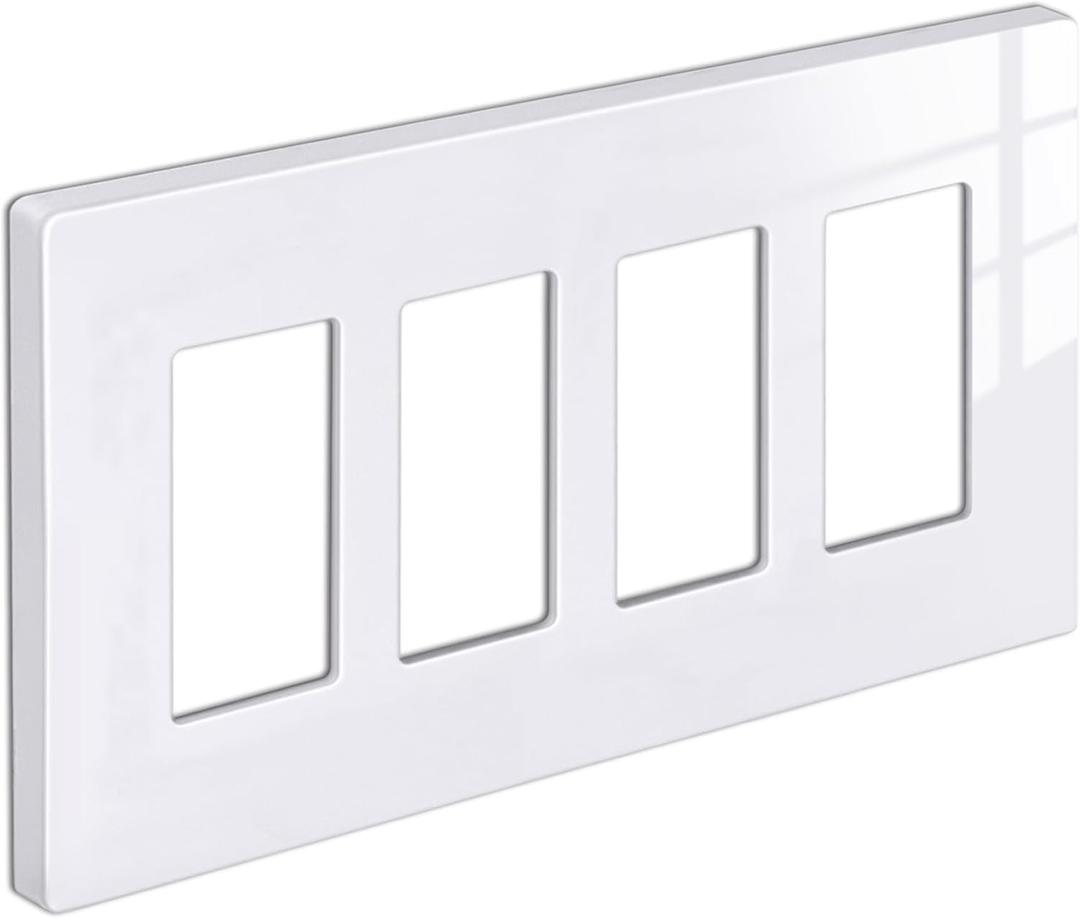 [1 Pack] BESTTEN 4 Gang Screwless Decorative Wall Plate, Mid-Size H4.88" x W8.58", USWP6 Gloss Snow White, Faceplate Cover for Decorator Receptacle Outlet & Switch