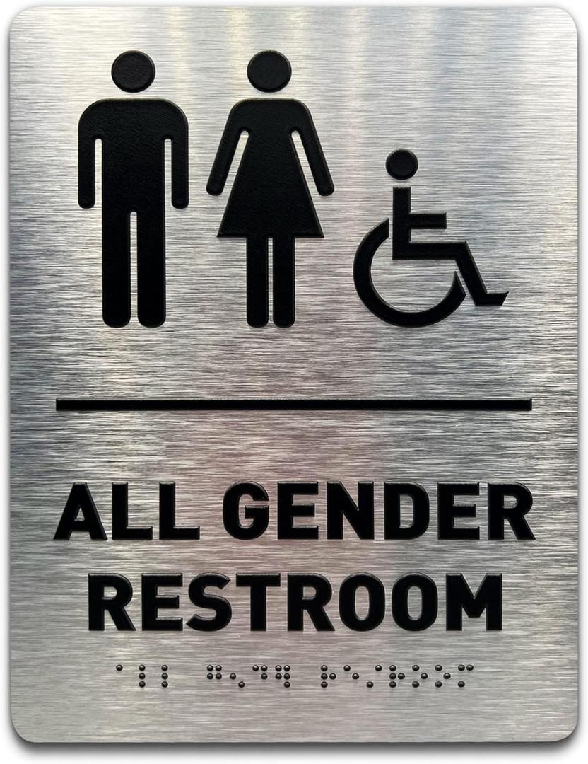 All Gender Restroom Sign by GDS - ADA Compliant, Wheelchair Accessible, Raised Icons, & Grade 2 Braille - Includes Adhesive Strips for Easy Installation - Bathroom Sign, Bathroom Signs for Business, Restroom Signs for Business - 6" W x 8" H (Brushed Aluminum) - Made in USA