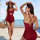 One Piece Swimsuit Women 2026 Tummy Control Sexy Swimsuits Metal Modest Sliming Mesh Swim Dress Padded Swimwear (Red, M)