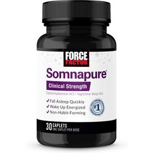 Force Factor Somnapure Clinical Strength Sleep Aid for Adults, Diphenhydramine HCl, Non-Habit-Forming, Nighttime Sleep Support, 30 Caplets