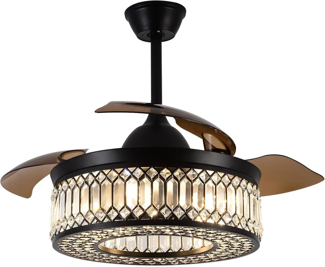 42 Inch Retractable Ceiling Fans with Lights and Remote, Modern Industrial Black Fandelier with 3 Retractable ABS Blades, Invisible Crystal Chandelier Fan for Bedroom Living Room Dining Room (Crystal)