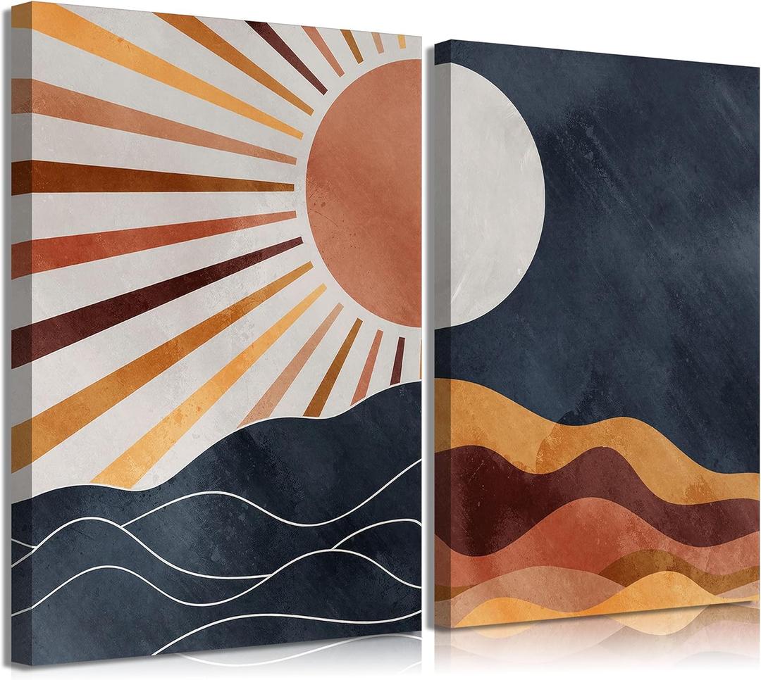2Pcs Boho Sun and Moon Canvas Wall Art Painting Abstract Mountains Poster Prints Sun and Moon Pictures Medieval Modern Wall Decor for Living Room Bedroom 12x16in Framed