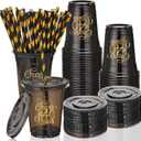 150 Pcs 40th Birthday Cups 12 oz Cheers to 40 Years Disposable Plastic Cups Black Gold Cold Beverage Drinking Tumblers Bulk for Men Women Birthday Wedding Anniversary Party Decorations Favors