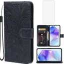 Case for Galaxy A55 5G Case,Samsung A55 SM-A556U Wallet Case with Tempered Glass Screen Protector, Lace Flower PU Leather Flip Credit Card Holder Phone Cover for Samsung Galaxy A55 5G Dark Blue