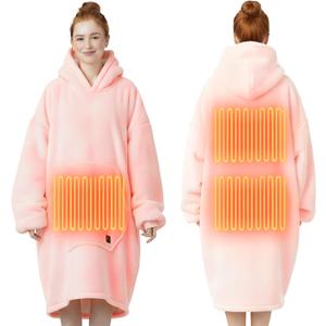 Pink Wearable Heated Blanket Hoodie, Flannel & Sherpa USB Heated Hooded Blanket, Oversized Hoodie Sweatshirt with Pocket, 3 Heating Levels for Her Mom Women Christmas Birthday Gifts, No Battery Bank