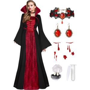 Vampire Costume for Women with teeth Accessories Gothic Vampire Dress Halloween Witch Costume Adult (X-Large, Black)
