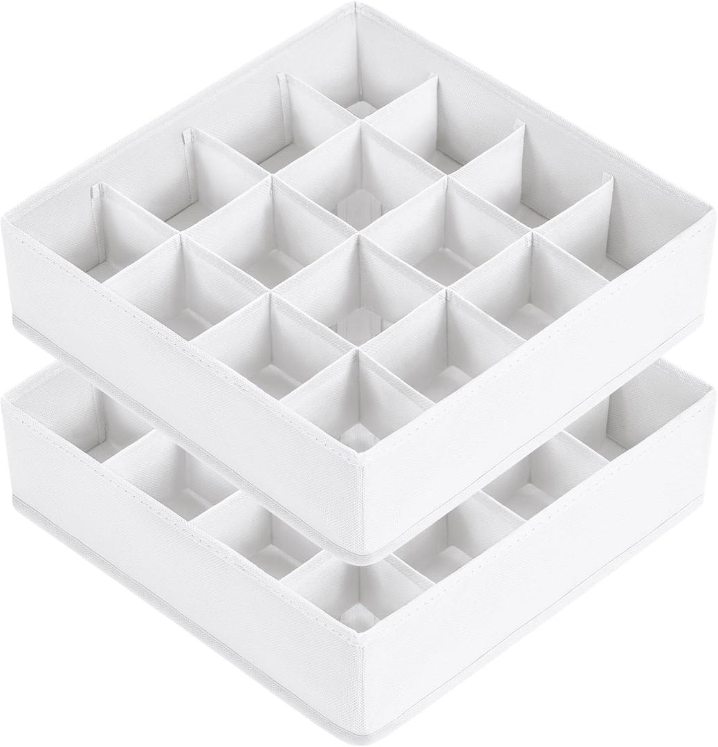 Joyoldelf Sock Drawer Organizer Divider, 16-Cell Underwear Organizers and Storage Fabric Drawer Organizer for Socks, Lingerie, Handkerchiefs, Ties Black, 2 Packs (White)