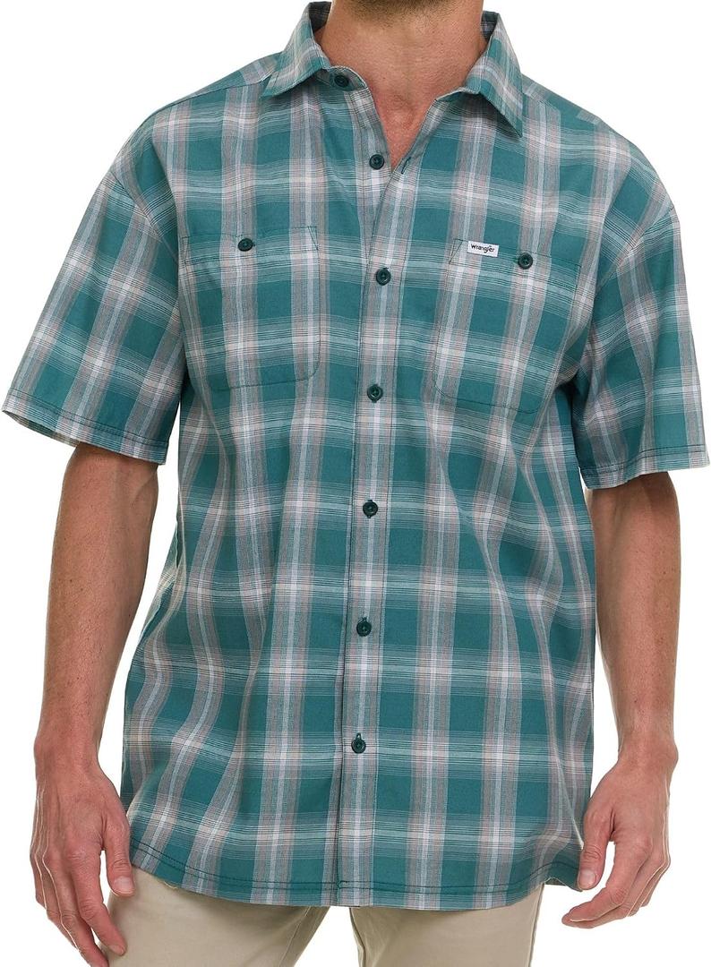 Wrangler Button Up Shirts for Men Big and Tall - Plaid Short Sleeve Casual Shirt (Green, L)