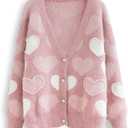 Women's Cute Heart Cardigan Sweaters Love Print Valentin's Day Sweater Button Up Front Oversized Knit Top (Large, Pearl Pink)