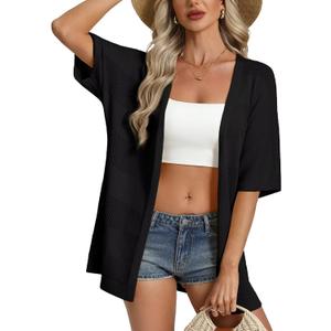GRACE KARIN Women's Lightweight Summer Cardigan Short Sleeve Crochet Knit Coverup Boho Kimono Beach Vacation Clothes (Black, Small)