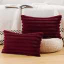 MADIZZ Set of 2 Faux Wool Plush Decorative Throw Pillow Covers 12x20 Inch Burgundy Fluffy Striped Soft Decorative Cushion Cover for Sofa Bedroom Pillow Shell