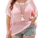 Alsol Lamesa Women's Plus Size Crochet Tops Short Sleeve Hollow Out Loose Scoop Neck Beach Crochet Cover Up, 5X-Large Plus, Pink
