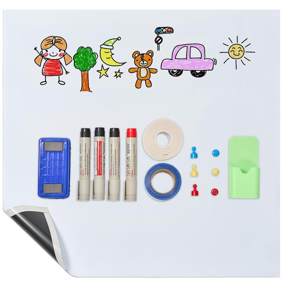Removable Magnetic White Board Paper 48"x36", Self-Adhesive Dry Erase Board for Wall, Magnetic Wall Paper Roll, Peel and Stick Whiteboard for Office School Home (Includes Markers & Eraser)