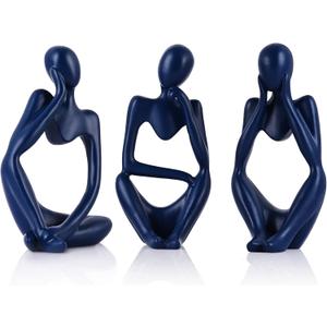 Navy Blue Thinker Statue Set of 3 - Navy Blue Decor for Table, TV Stand, Shelf, Desk - Resin Figurines for Living Room, Minimalist Bookcase Decorative, Modern Sculpture, Home Accents