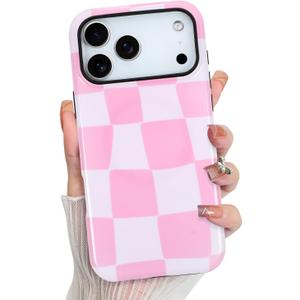 KANGHAR Compatible with iPhone 17 Pro Max Case 2025, Silicone Checkered Cute Pattern, Camera Protection Soft Slim Phone Cover for Girls Women-Pink