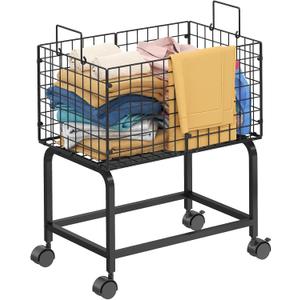 Wire Laundry Hamper Cart, Rolling Laundry Carts with Pull Handle, Black Tall Laundry Basket, Commercial Wire Laundry Hamper Cart-23.6 * 15.75 * 28 inches
