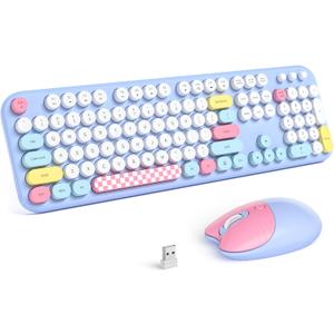MOFII Wireless Keyboard and Mouse Combo - 2.4GHz Full-Size Retro Typewriter Keyboard with Round Keys, 3 Level Adjustable Optical Mouse, Plug & Play - Compatible with PC/Laptop/Desktop - Light Blue Mix