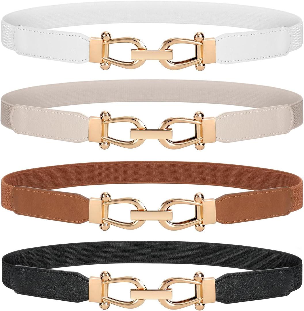 WERFORU Women Skinny Belt for Dresses Retro Stretch Waist Belt with Gold Buckle Set of 4 (B-light Beige+black+white+dark Brown-gold Buckle)