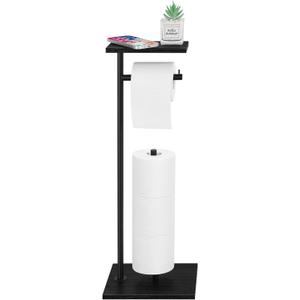Toilet Paper Holder Free Standing Black Bathroom Toilet Paper Holder Stand with Storage Shelf, Freestanding Roll Tissue Holders Dispenser for Reserve Spare Mega Rolls