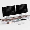 DualTier Monitor Stand for Modern Desk Setup,  Minimalist Wooden and Metal Riser Shelf with Transparent Acrylic Feet for Dual Monitors, Laptops, Home Office Aesthetic Brown and White