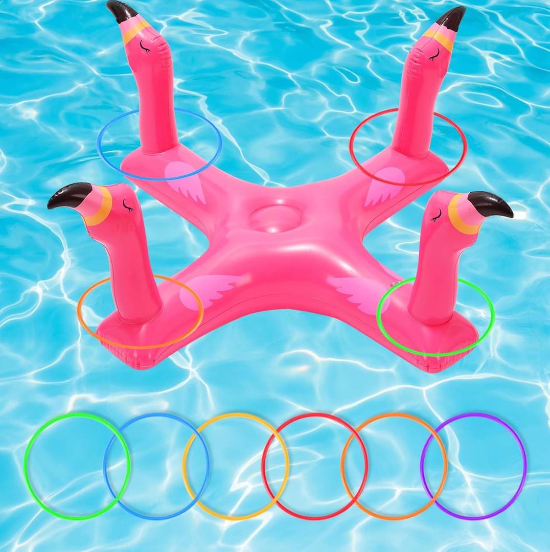 Voiiake Pool Floats Toys Games Set, Inflatable Cross Ring Toss Game Toy with 6pcs Rings for Kids Adults Family, Swimming Pool Water Game (Pink Flamingo)