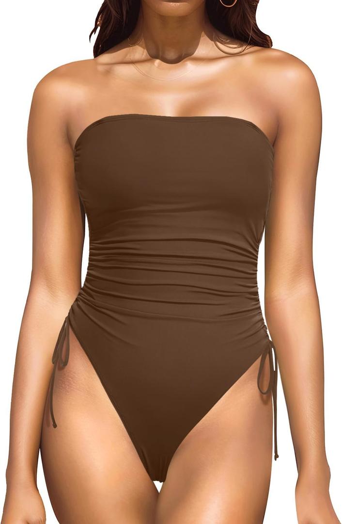 Yonique Women Strapless One Piece Swimsuit Tummy Control Bandeau Bathing Suit Cheeky Swimwear (Medium, Brown)