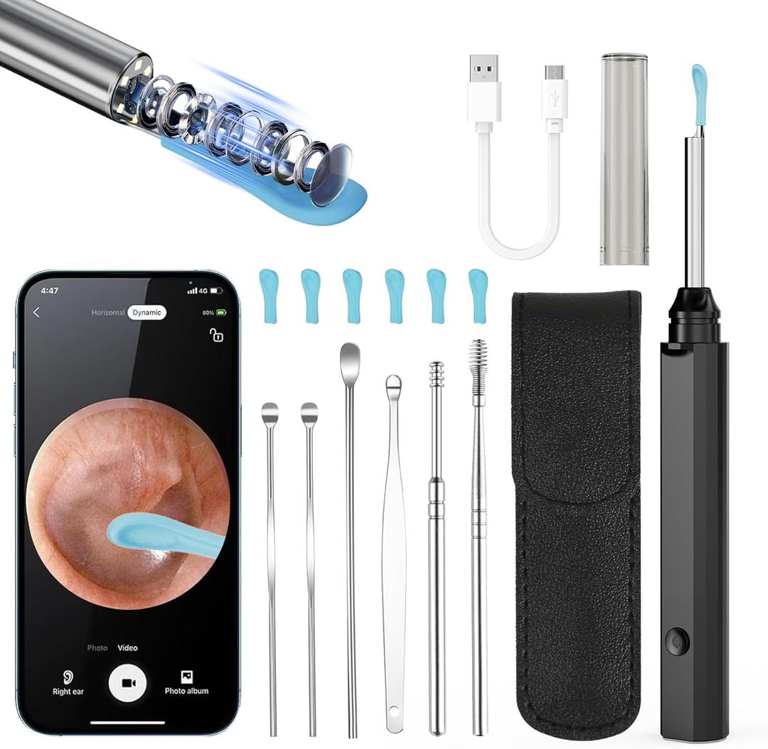 Ear Wax Removal - Earwax Remover Tool with 8 Pcs Ear Set - Ear Canal Cleaner with 1080P Camera - Ear Cleaning Kit with 8 Ear Spoon - Ear Camera for iOS & Android (Black)