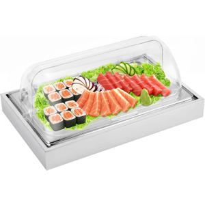 Ice Food Serving Display Tray with Clear Roll Top Cover Buffet Cold Serving Cooler Platter w/ 2 Ice Packs Cooling Food Dishes Display Plate Case with Lid for Seafood Fruit Party Buffet Tray