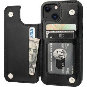 ONETOP Compatible with iPhone 13 Wallet Case with Card Holder, PU Leather Kickstand Card Slots Case, Double Magnetic Clasp Durable Shockproof Cover 6.1 Inch (Black)