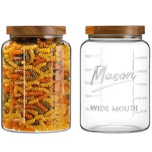 1 Gallon Glass Mason Jar with Airtight Wooden Lid, Wide Mouth Large Food Storage Container with Measurement Markings For Kitchen Pantry, Pickling, Cookies, Flour & Sugar - 2 Pack