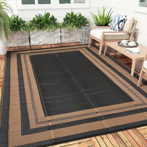 Patio Modern Border Outdoor Rug 10x14 Waterproof Large Reversible Camping Mat Foldable Lightweight Plastic Straw Outdoor Rug for Deck, Picnic, Porch, Camper, Balcony, Beach, RvBlack/Brown