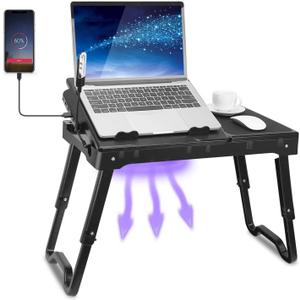 Laptop Desk for Bed, Adjustable Table with Fan, Portable Lap Desk, Foldable Legs, Stand for Couch Sofa, Tray with LED Light, 4 USB Ports, Storage, Mouse Pad (Black)