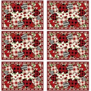 XCHI Buffalo Plaid Love Hearts Roses Flowers Valentine's Day Placemats Set of 6 Table Mats for Party Home Kitchen Dining Table Decorations 12x18 Inch