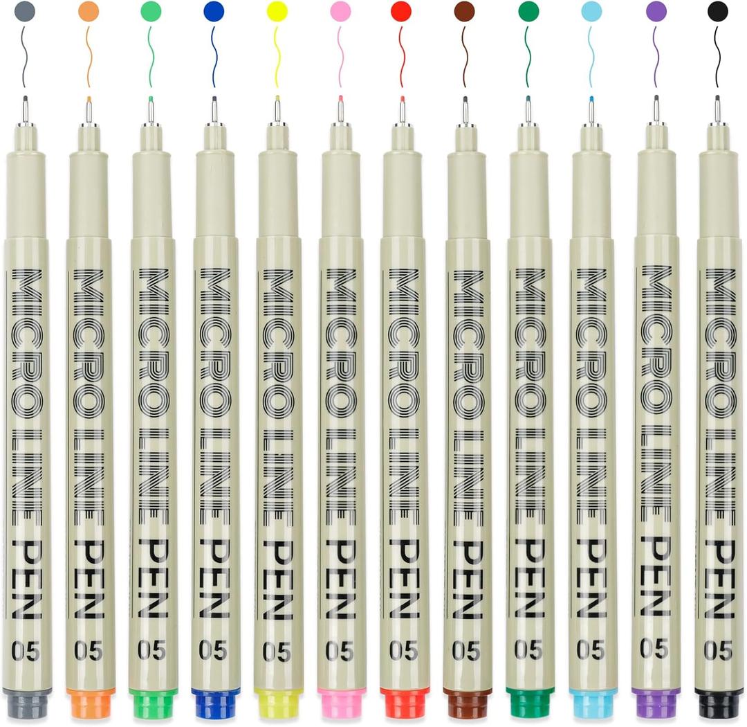 12 Colored Micro Pens 05, Fineliner pens Waterproof Archival Ink Set, No Bleed Drawing Art Pens for Illustrating, Journaling, Bible Zentangle Supplies