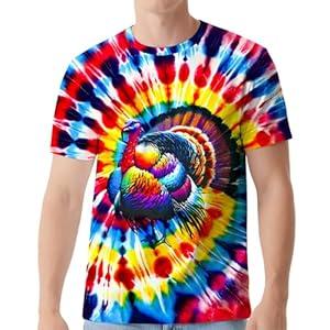 Men's Rainbow Tie Dye Shirt Hipster Hip Hop Short Sleeve Hippies Senior Turkey Tees Animals T Shirts for Men, Medium
