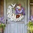 2 x He is Risen Easter Decorations Wooden Wreaths for Front Door Christian Cross Ornaments Easter Porch Sign Decor Wreath Jesus Lily Flowers Ornaments Hanging Crafts for Home Farmhouse Spring Party Decor