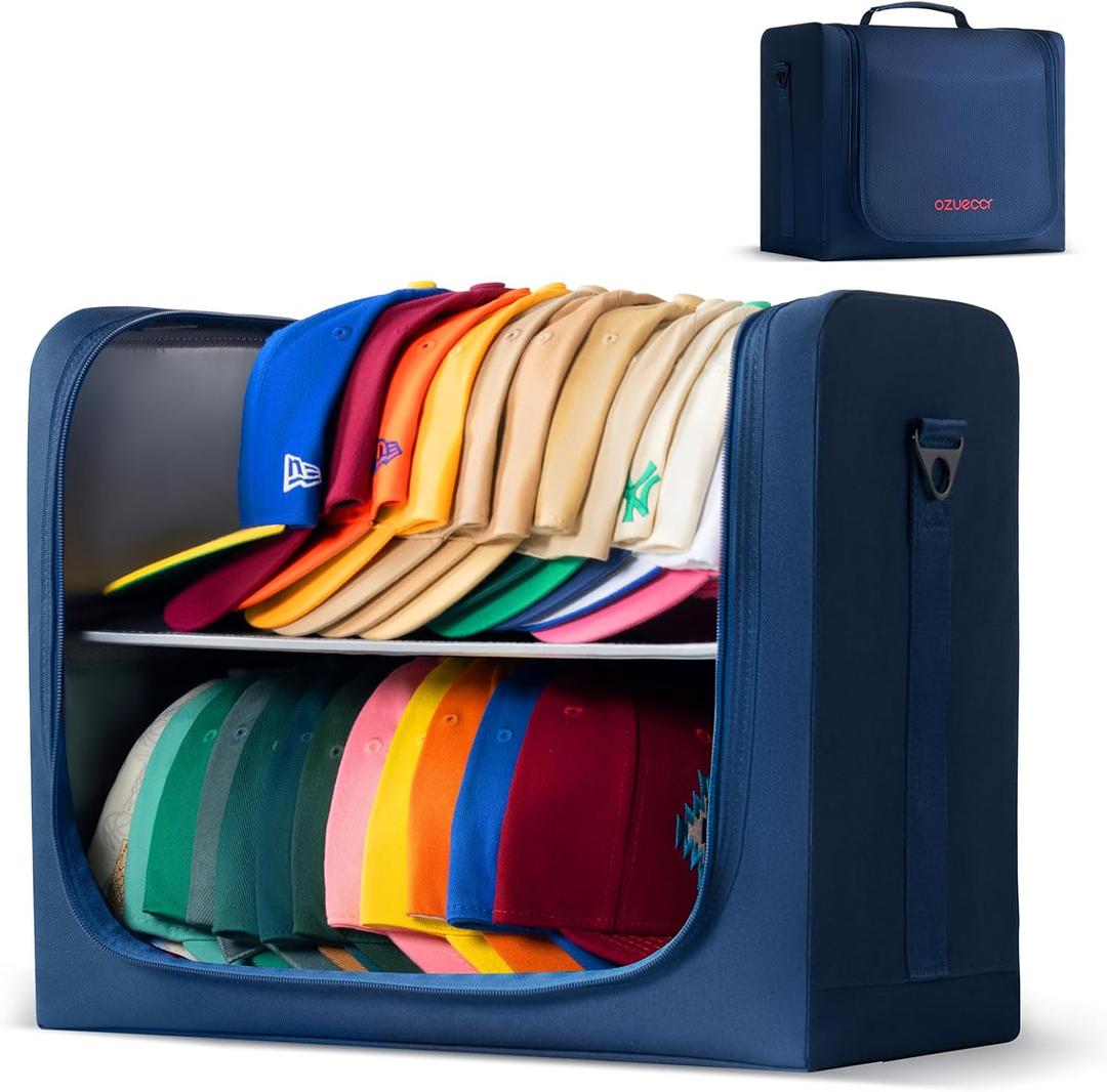 Ozueccr Large Hat Bag for Baseball Caps, Portable Hat Organizer Bag with Handle and Adjustable Shoulder Strap, Holds 24 Caps, For Travel, Moving, Home Storage