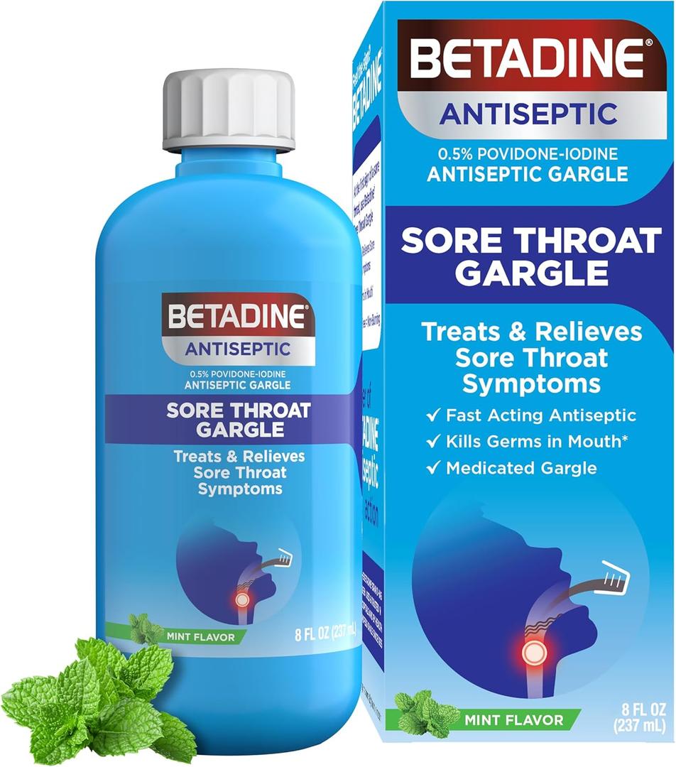 Betadine Sore Throat Relief Gargle, 8 Oz, Fast Acting Antiseptic with Povidone-Iodine 0.5%, Sore Throat Medicine, Mint Flavor