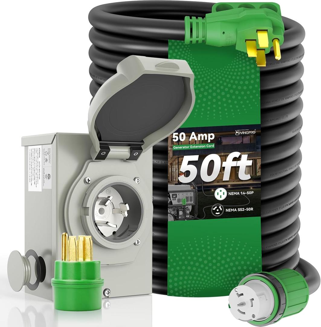50 Amp Generator Cord 50FT and Power Inlet Box, Pre-Drilled 50 Amp Generator Inlet Box with Cord, NEMA 14-50P to SS2-50R Generator Cord Waterproof Combo Kit, ETL Listed