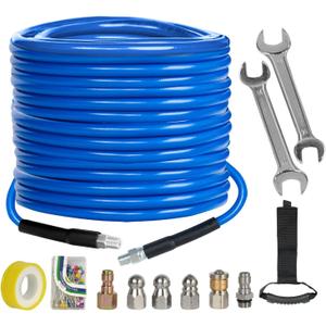 Xiny Tool Sewer Jetter Kit for Pressure Washer 100FT, 4000 PSI Drain Cleaner Hose 1/4 Inch NPT, Corner Rotating and Button Hose Sewer Jetting Nozzle Pearl Corsage Pin Tape Handle Strap Spanner, Blue