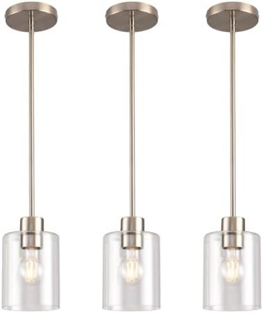 KLSS Brushed Nickel Pendant Lights Kitchen Island - Clear Glass Pendant Light Fixture Multiple Stems Rods 3 Units 12 Inch 3 Units 4 Inch (3 Pack Brushed Nickel)