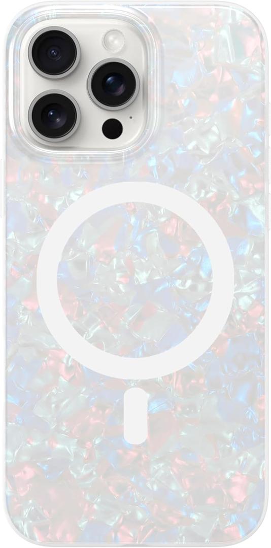 LONLI Hue Magnetic Case for iPhone 16 Pro White Pearl Tort | Compatible with Magsafe, 360 Shock-Absorbent Bumper, Cute and Unique Phone Cover, for Girls and Women