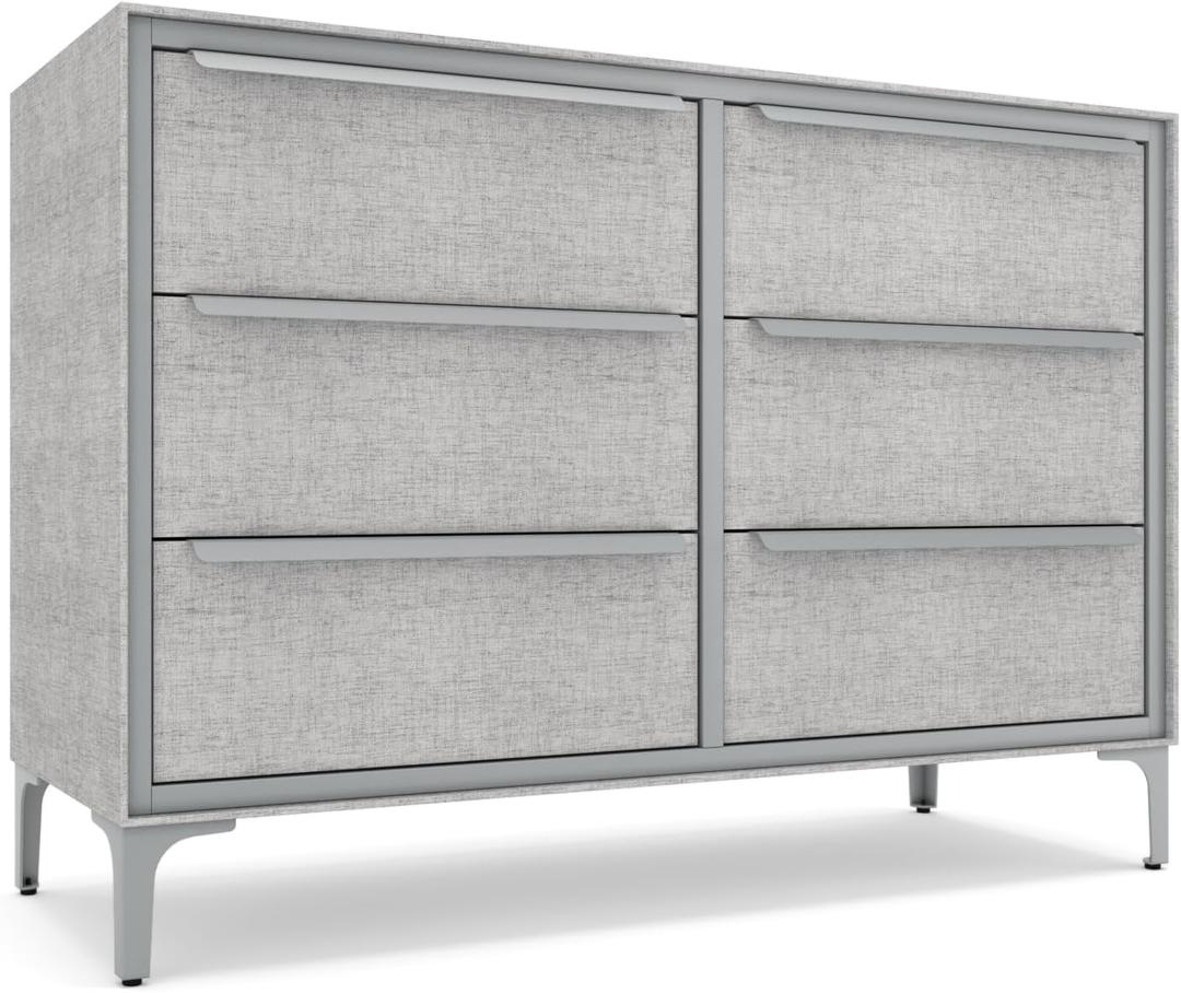 tinge Naima Premium 6 Drawer Fabric Dresser - Heavy Duty Metal Frame with Sag-Proof Storage Drawers for Clothes - Durable Silver Bedroom Chest & Sleek Metal Handles