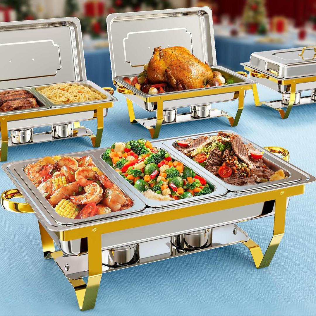 Chafing Dishes for Buffet 4 Pack 7 Pans, 9.5QT [Sturdy & Rolled Edge] Chafing Dish Buffet Set, [Mirror-Like Polished Finish] Easy to Clean Food Warmers for Parties, Gathering, Wedding, Event, Catering (2 Full Size,2 Half Size,3 1/3 Size)
