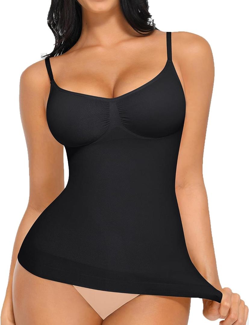 FeelinGirl Womens Tank Top Shapewear Tummy Control Tops Slimming Cami Tank Seamless Compression V Neck Camisole (Medium, Black)