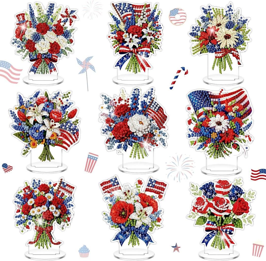 Kosiz 9 Pcs 4th of July Diamond Painting Tabletop Decor Patriotic Diamond Art Kits for Adults Double Sided Acrylic Memorial Day Red White Blue Table Centerpiece for DIY Crafts 250th Anniversary
