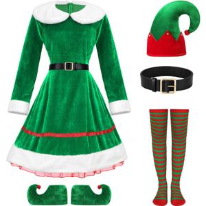 KASBAH 5 Pack Christmas Elf Costume Set Holiday Elf Cosplay Velvet Dress Xmas Outfit For Party With Hat Shoes Strap Socks (Green)