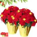 2 Pack Large Outdoor 18" Pre-Lit Christmas Decorations Flower LED Lighted Artificial Poinsettia Plants - Faux Poinsettia Flowers in Pot with Lights for Outdoor Use (Red,18inch)